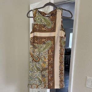 Mango Sleeveless Paisley Shift Dress in Cream, Green & Gold (SIZE SMALL)